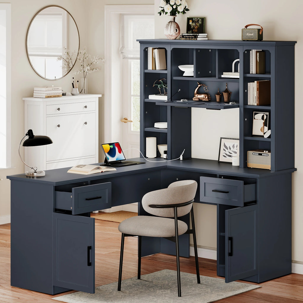 L-Shaped Computer Desk with 2 Cabinets 2 Drawers 11 Open Shelves 1 Right Flip Shelf Power Outlet Antique Blue Finish