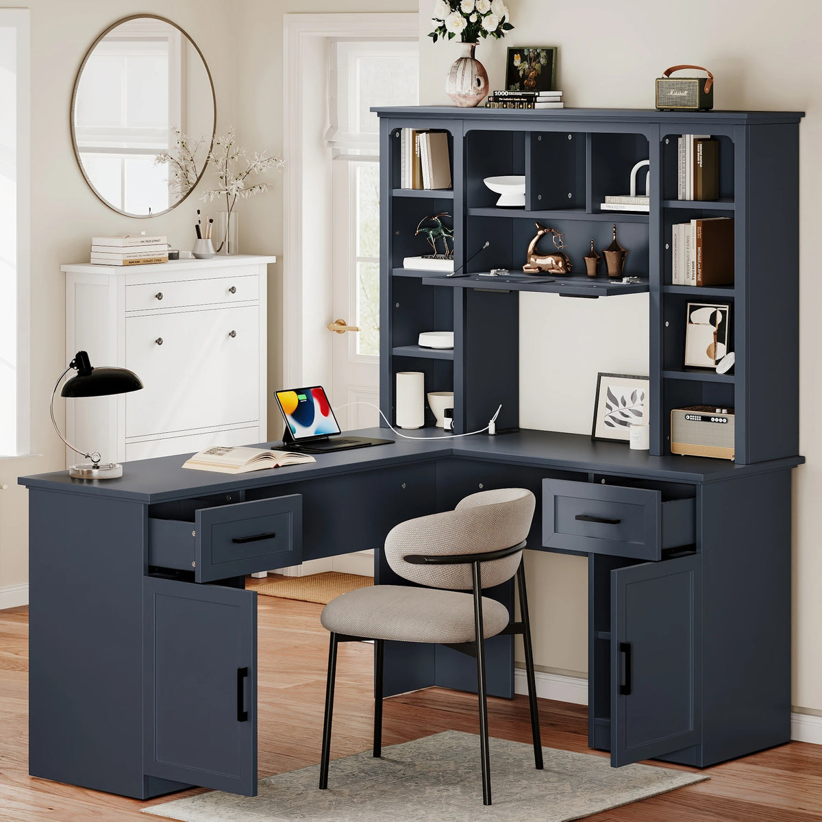 L-Shaped Computer Desk with 2 Cabinets 2 Drawers 11 Open Shelves 1 Right Flip Shelf Power Outlet Antique Blue Finish