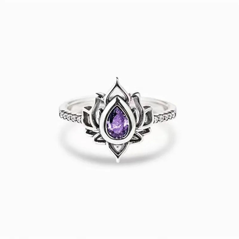 Q255 Lotus Flower Ring Women's Lab Created Blue Cubic Zirconia Pear Shape Prong Setting Engagement Fashion Rings