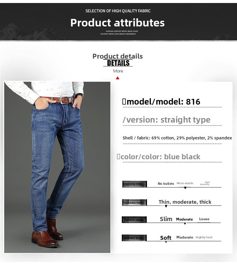 2026 New Spring Autumn Men Classic Jeans Business Fashion Straight Regular Blue Stretch Denim Trousers Men's Smart Jeans