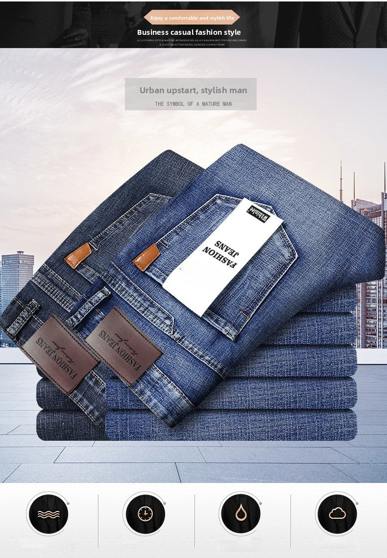 2026 New Spring Autumn Men Classic Jeans Business Fashion Straight Regular Blue Stretch Denim Trousers Men's Smart Jeans