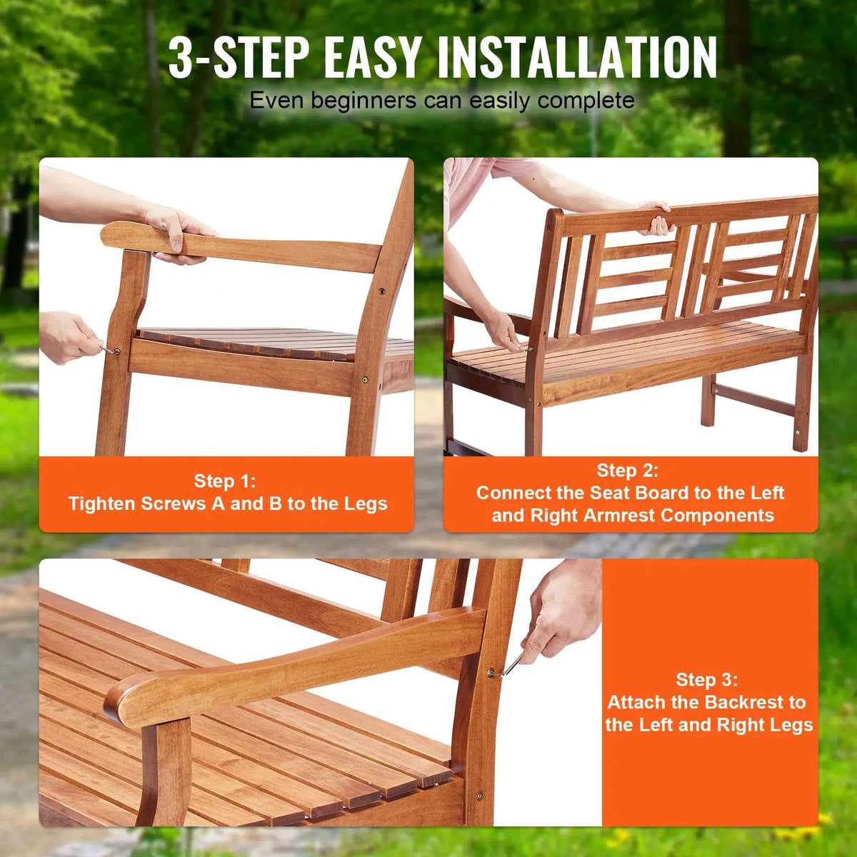 48-Inch Outdoor Steel Bench with Backrest and Armrests 700 Lbs Load Capacity for Gardens Parks Malls