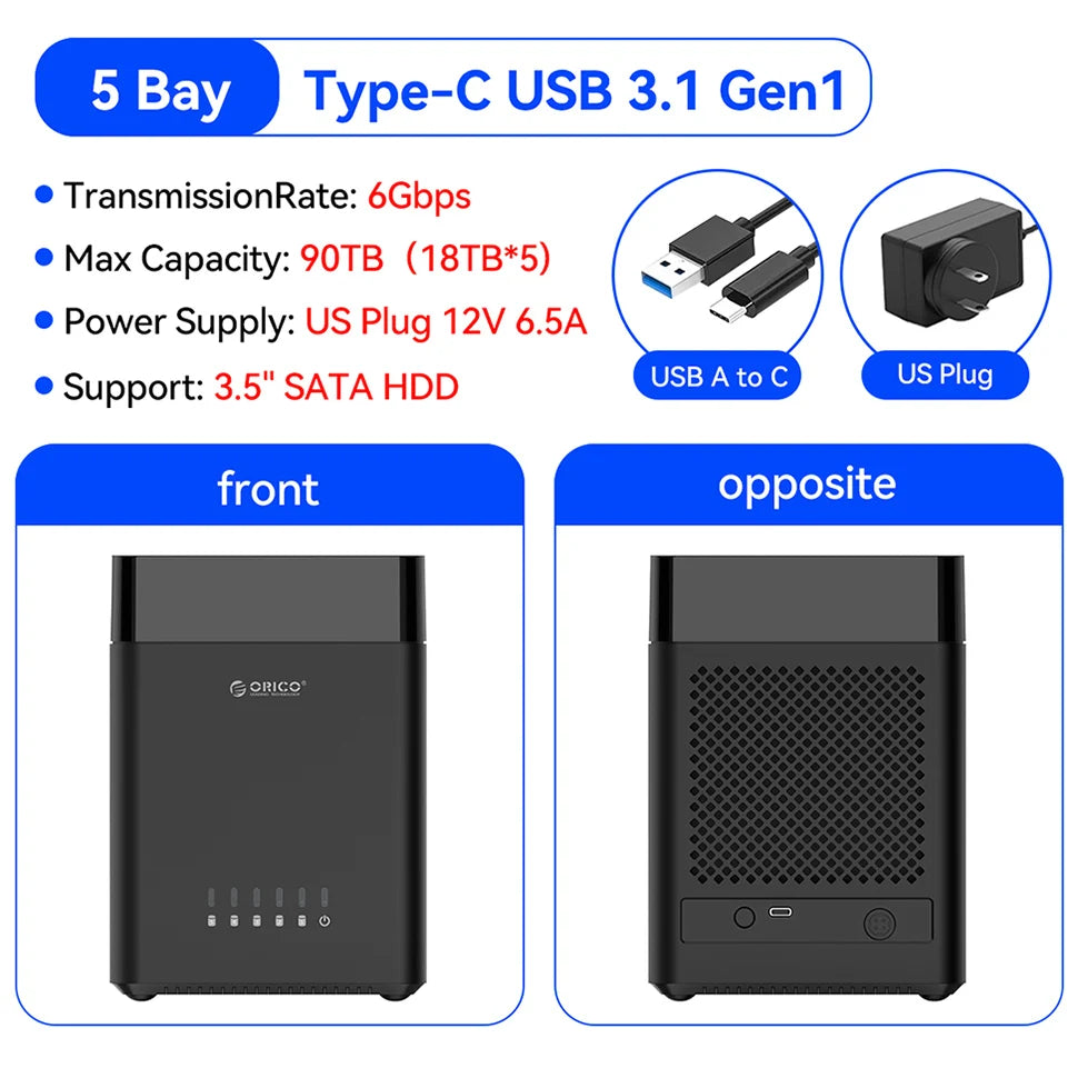 ORICO 5 Bay 3.5" SATA Hard Drive Enclosure HDD Docking Station USB 3.0 Type C External HD Case 90TB Storage Expansion 12V/6.5A