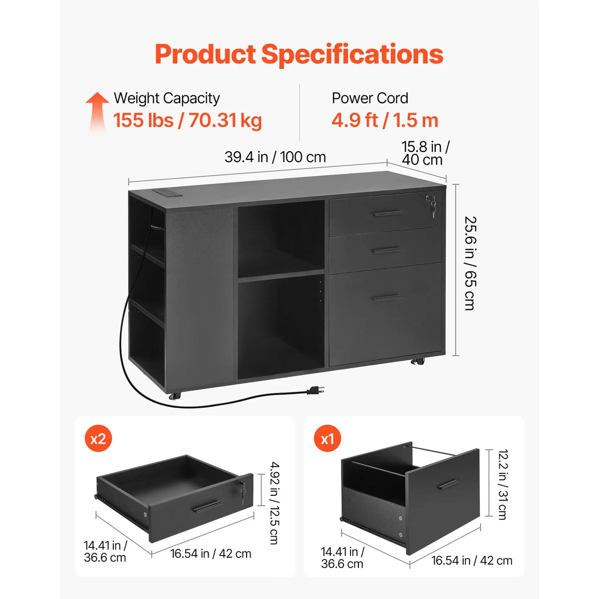"Lockable Metal Rolling File Cabinet with 3 Drawers Power Strip & Adjustable Shelves"