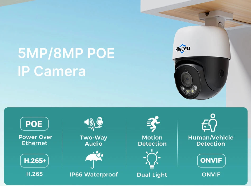Hiseeu 5MP 4K 8MP POE PTZ IP Camera Night Vision Waterproof Security Video IP Camara Onvif Security CCTV Camera H.265