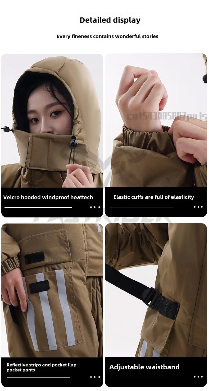 Winter Waterproof Windproof Ski Suit Thick Fleece Jumpsuit for Men Women, Cold Resistant Motorcycle Riding Suit