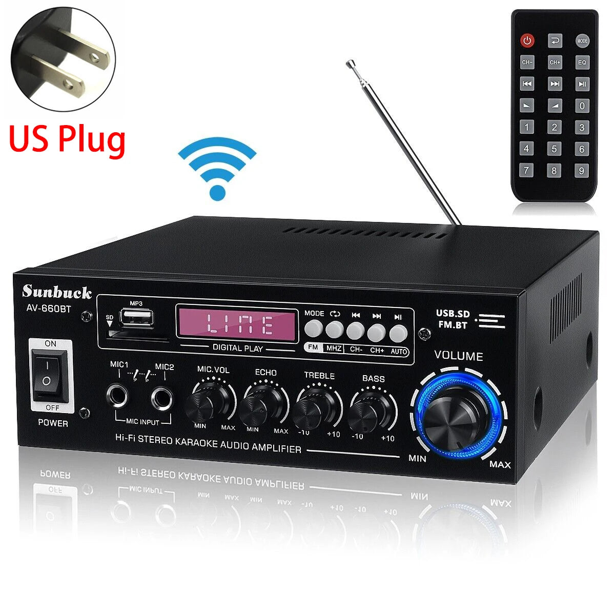 SUNBUCK AV-660BT Sound Amplifier CH 2.1 Power Amplifiers For Home Car Meeting Theater AMP Support EQ FM USB SD Card 2 Mic Input