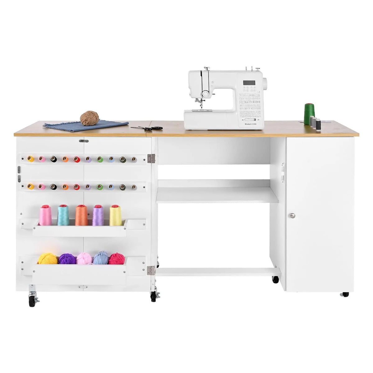 "Sewing Machine Table Cabinet with Wheels & Wooden Pegs-Folding Multipurpose Charging Station Compact Design"