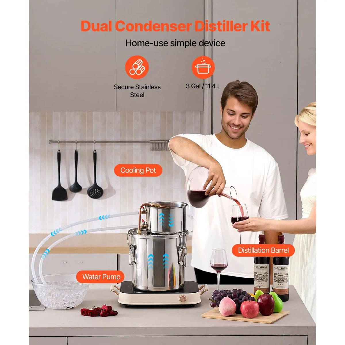 Stainless Steel 3 Gal/11.4 L Alcohol Still with Copper Coil Home Brewing Refining Fermentation Kit Water Alcohol Distiller