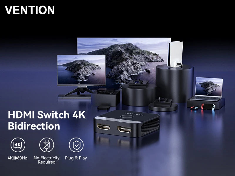 Vention New HDMI 2.0 Splitter Switch 2 in 1 4K@60Hz HDMI Bi-Directional Switcher Converter Monitor Adapter for PS5 Xbox Laptop