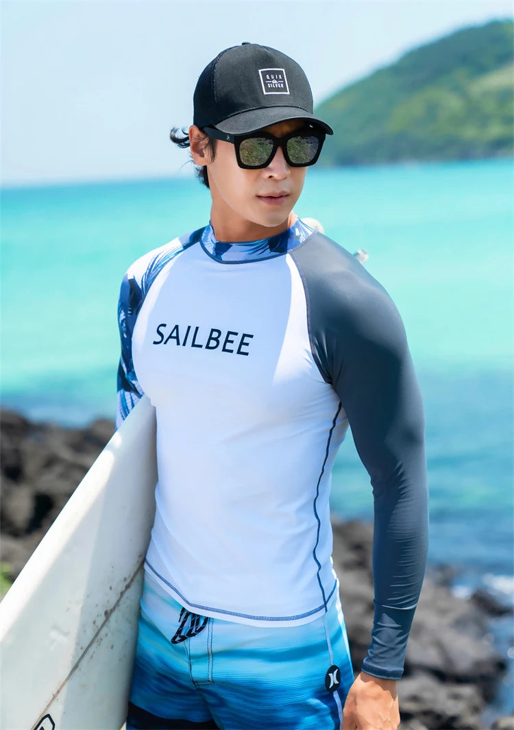 SAILBEE Men UV Protect Swimwear Long Sleeve Swimsuit Mens Rashguard Surfing Rash Guard Surf Shirt For Swimming Sail Drop Ship