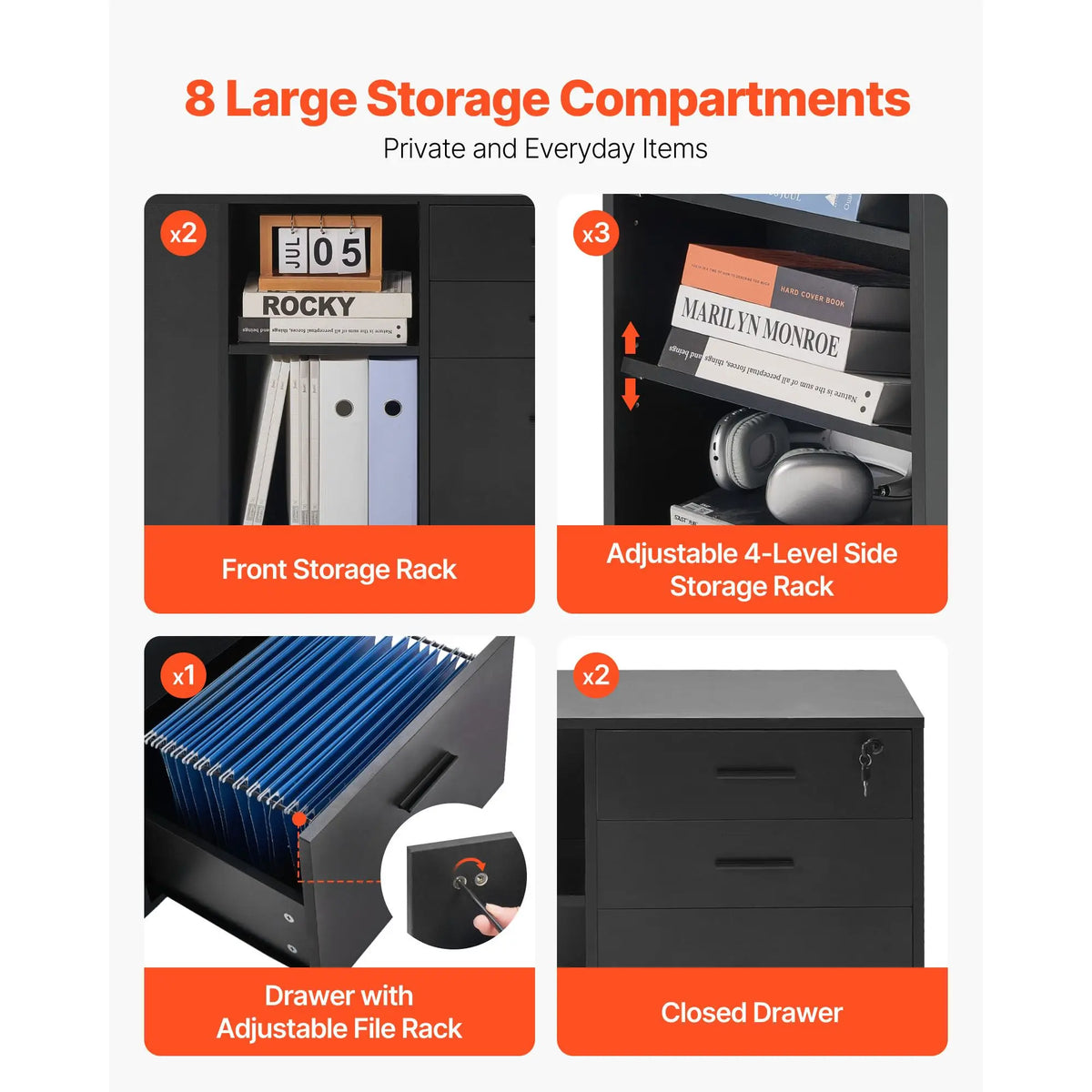"Lockable Metal Rolling File Cabinet with 3 Drawers Power Strip & Adjustable Shelves"