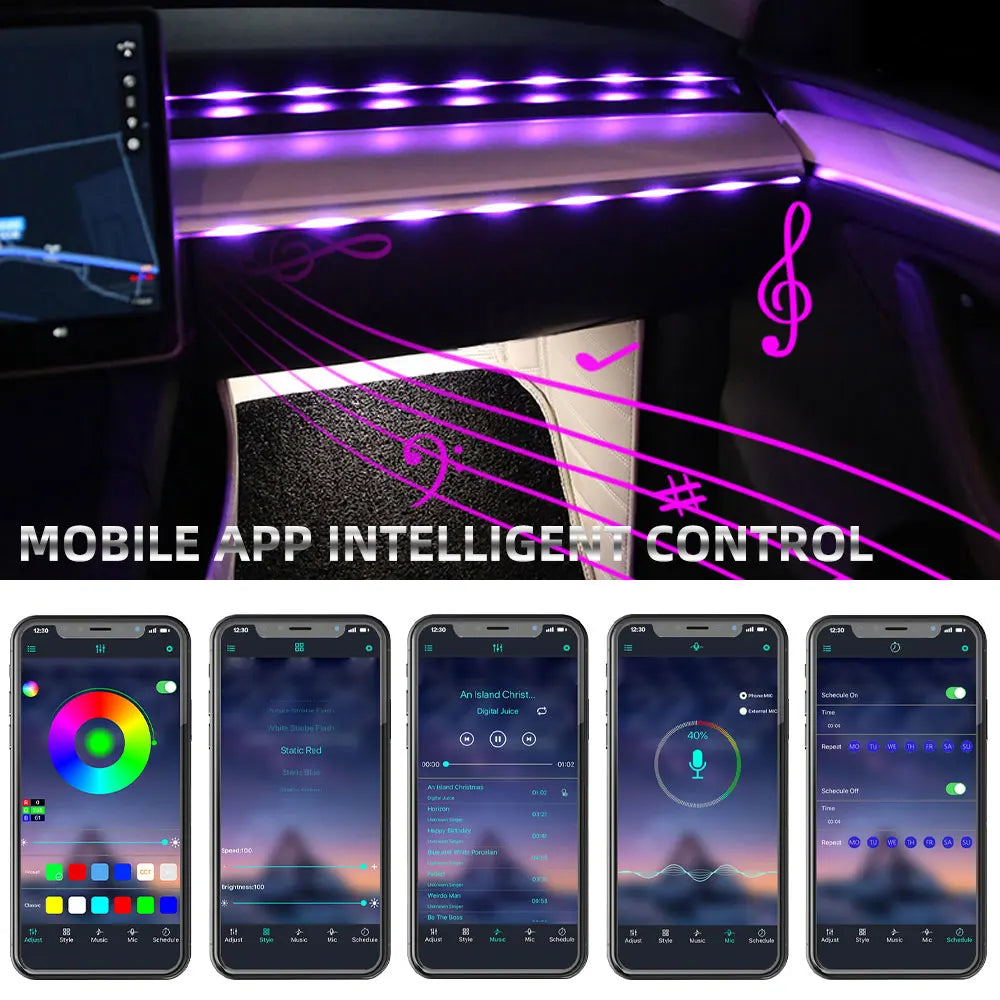 Full Colors USB Car LED Ambient Light Acrylic Strips Dashboard Lights RGB Car Interior Hidden App Remote Control Atmosphere Lamp