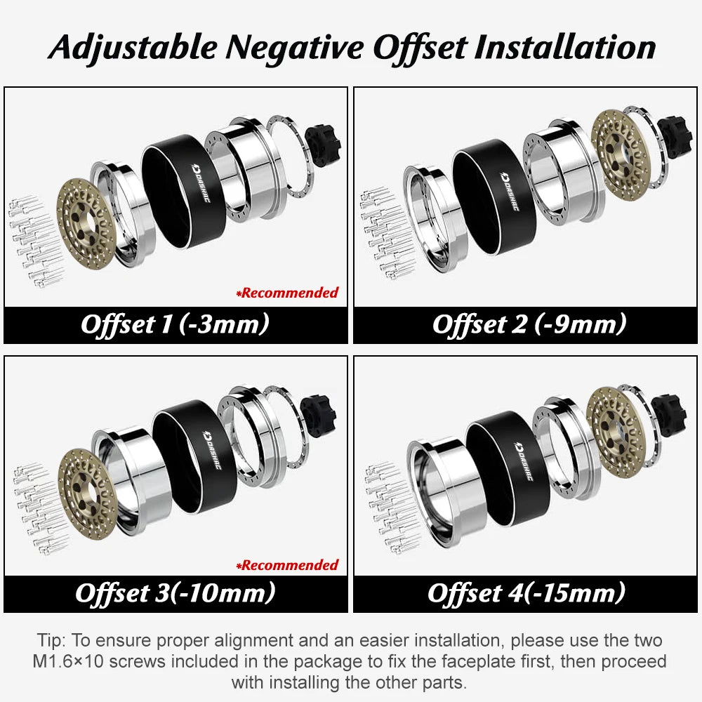 DashRC 1.9" Beadlock Wheels Aluminum Negative Offset Rims 4PCS for 1/10 RC Crawler SCX10 TRX4 TRX6 RC4WD D90