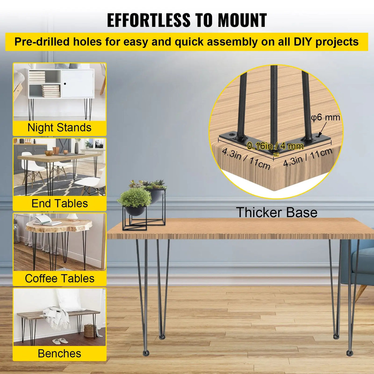 24\" Black Hairpin Table Legs Set of 4 880lbs Load Capacity (220lbs Each) Hairpin Desk Legs 3 Rods Bench Desk Dining for Parks