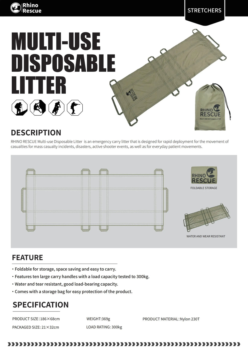 RHINO RESCUE Disposable Emergency Stretcher Portable Rescue Litter for Outdoor Camping First Aid Kit IFAK