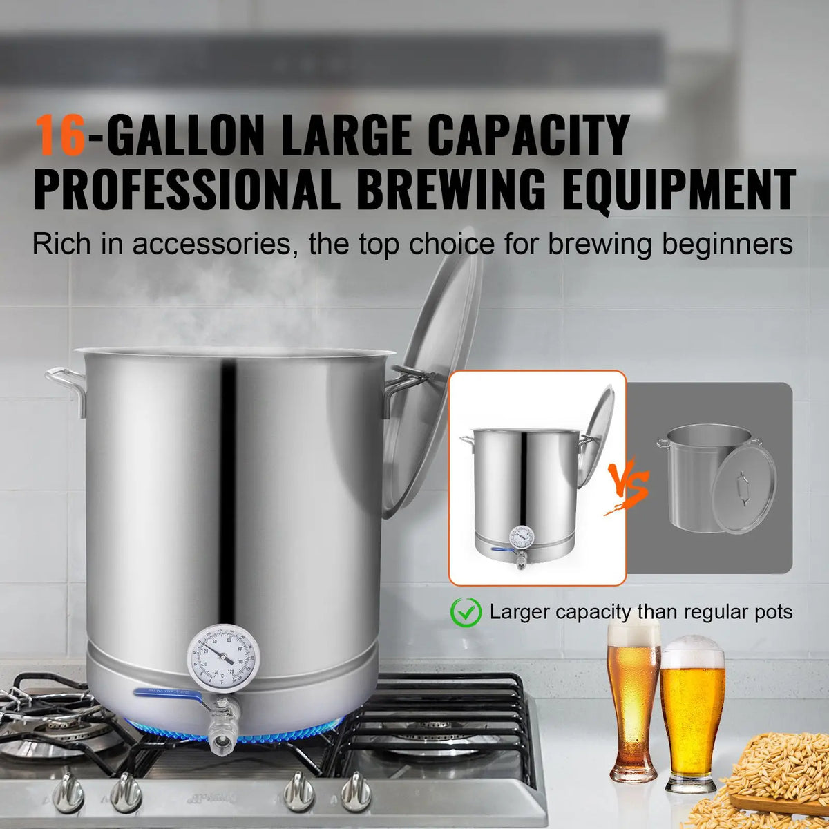 16 GALLON Tri Ply Bottom Stainless Steel Kettle Home Brewing Supplies with Lid Brewing Pot for Beer & Wine Includes Ha