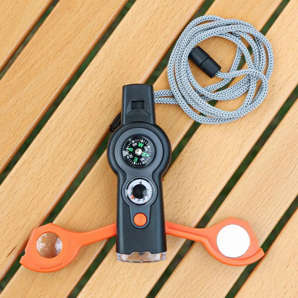 7in1 Emergency Survival Function Whistle Outdoor Multifunctional Survival Whistle with Lanyard Compass Flashlight Camping Hike ﻿