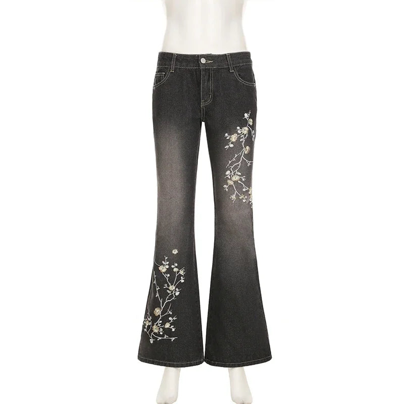Weekeep Floral Embroidery Jeans Vintage 2000s Low Rise Flared Jeans Women Retro  Baggy Denim Pants High Street Basic Trousers