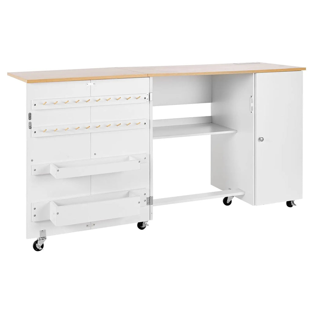 "Sewing Machine Table Cabinet with Wheels & Wooden Pegs-Folding Multipurpose Charging Station Compact Design"