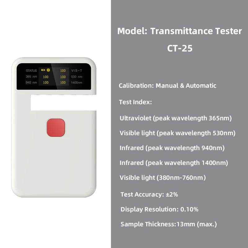 Portable Transmittance Tester CT-25, UV, VL, IR Transmittance Meter, 365nm/530nm/1400nm, Suitable for Solar Film, Optical Glass,