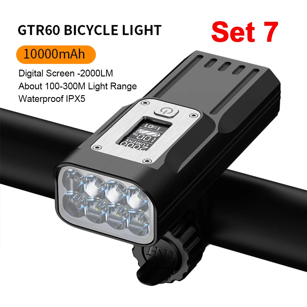 NATFIRE 10000mAh Bicycle Light with Battery Indicator USB Rechargeable Bike Light Set 8 LED Flashlight