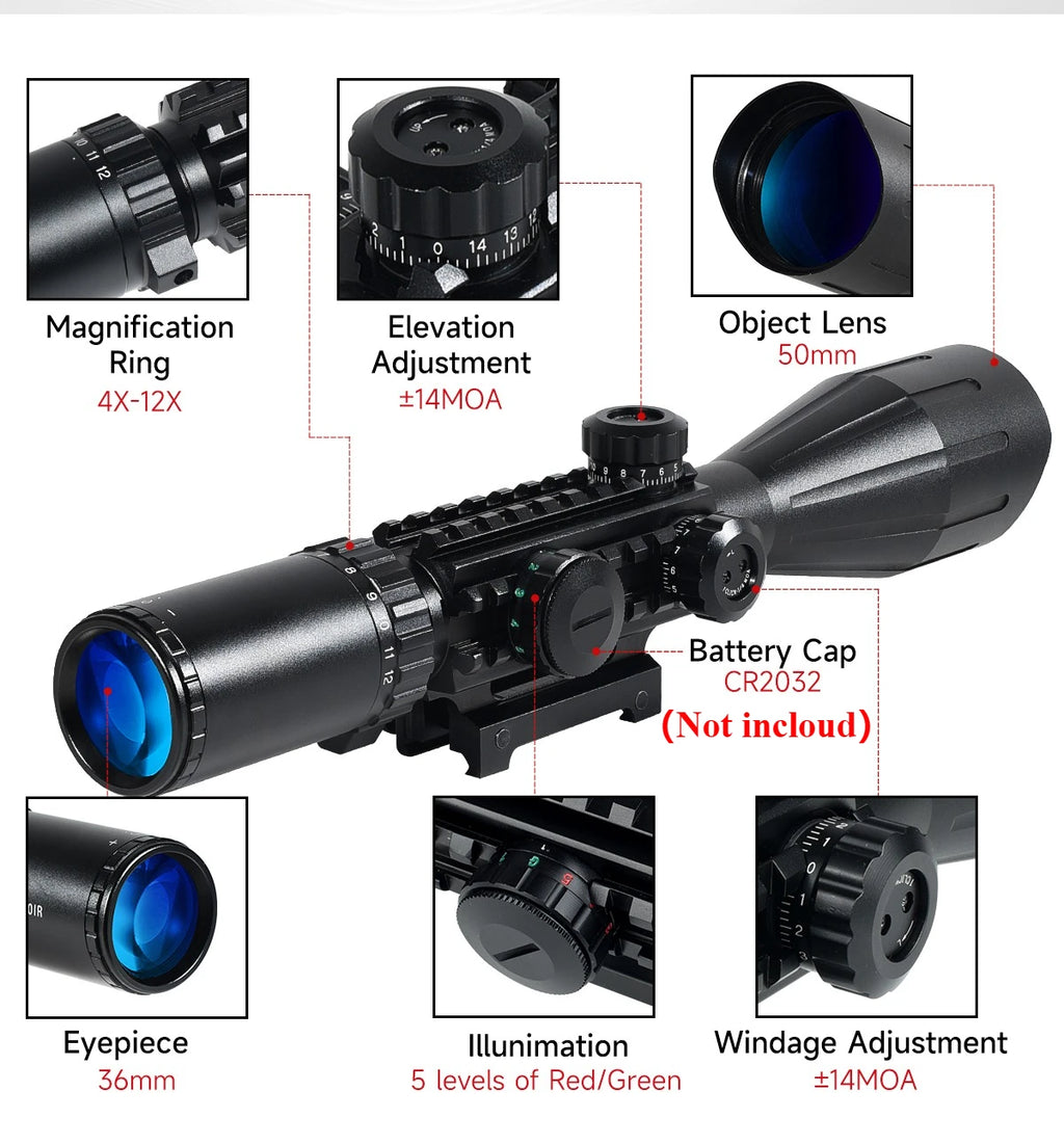 4-12X50ir Scope Red Green Two Color Illumination with HD101 HD103 4 Points Reticle Red Dot Optics Sight Hunting Combo
