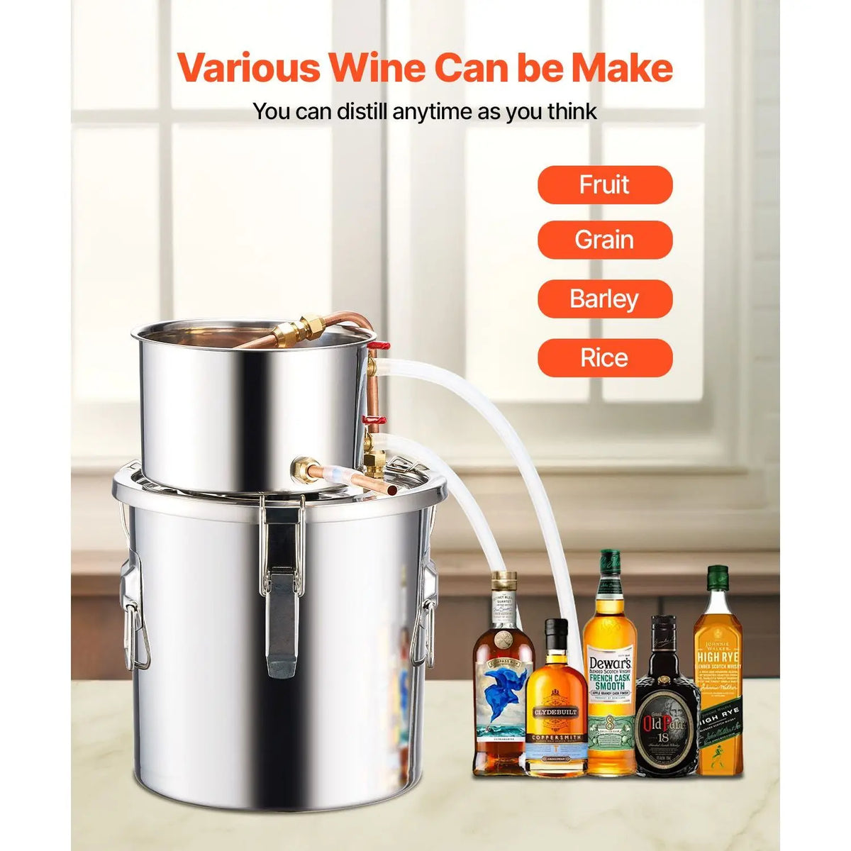 Stainless Steel 3 Gal/11.4 L Alcohol Still with Copper Coil Home Brewing Refining Fermentation Kit Water Alcohol Distiller