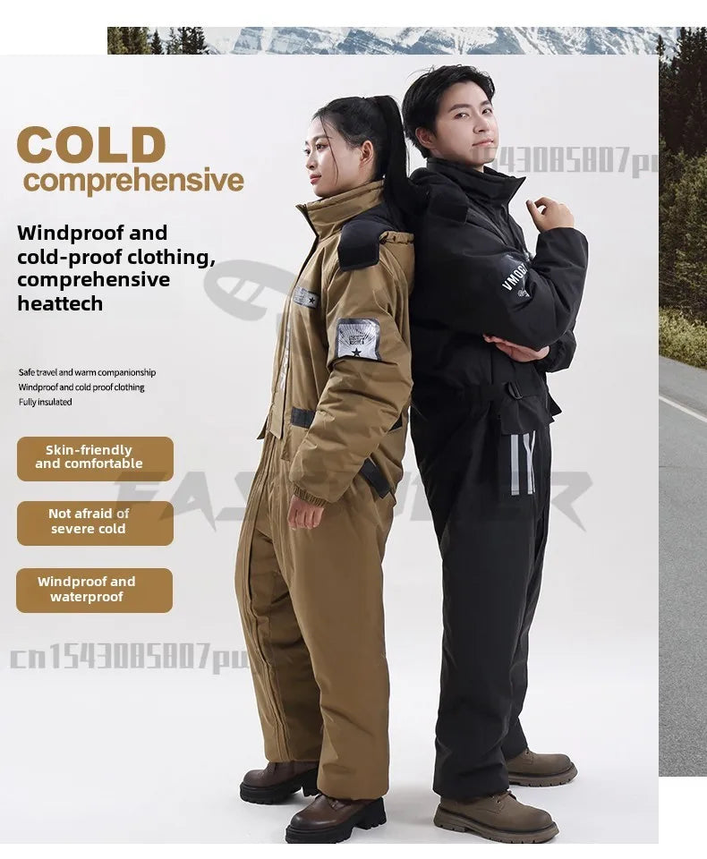 Winter Waterproof Windproof Ski Suit Thick Fleece Jumpsuit for Men Women, Cold Resistant Motorcycle Riding Suit