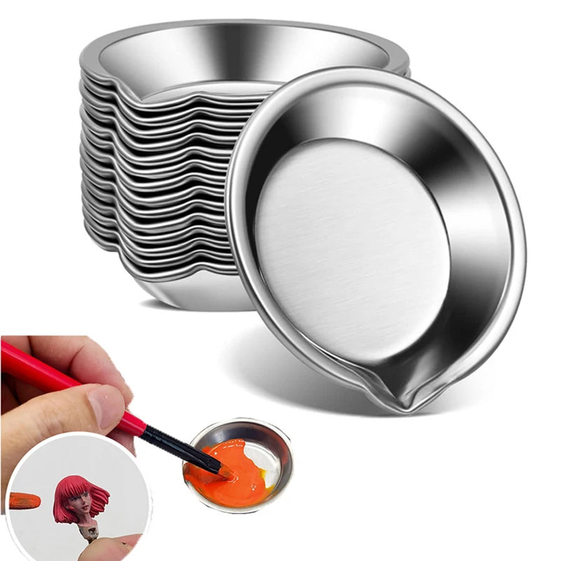 1-10pcs Stainless Steel Painting Palette Spouted Color Bowls Oil Paint Trays Paint Color Mixing Cups For Art Stationery Supplies