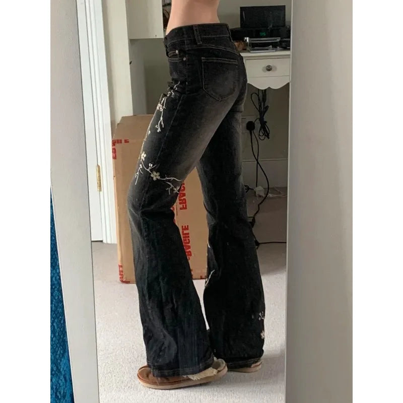 Weekeep Floral Embroidery Jeans Vintage 2000s Low Rise Flared Jeans Women Retro  Baggy Denim Pants High Street Basic Trousers