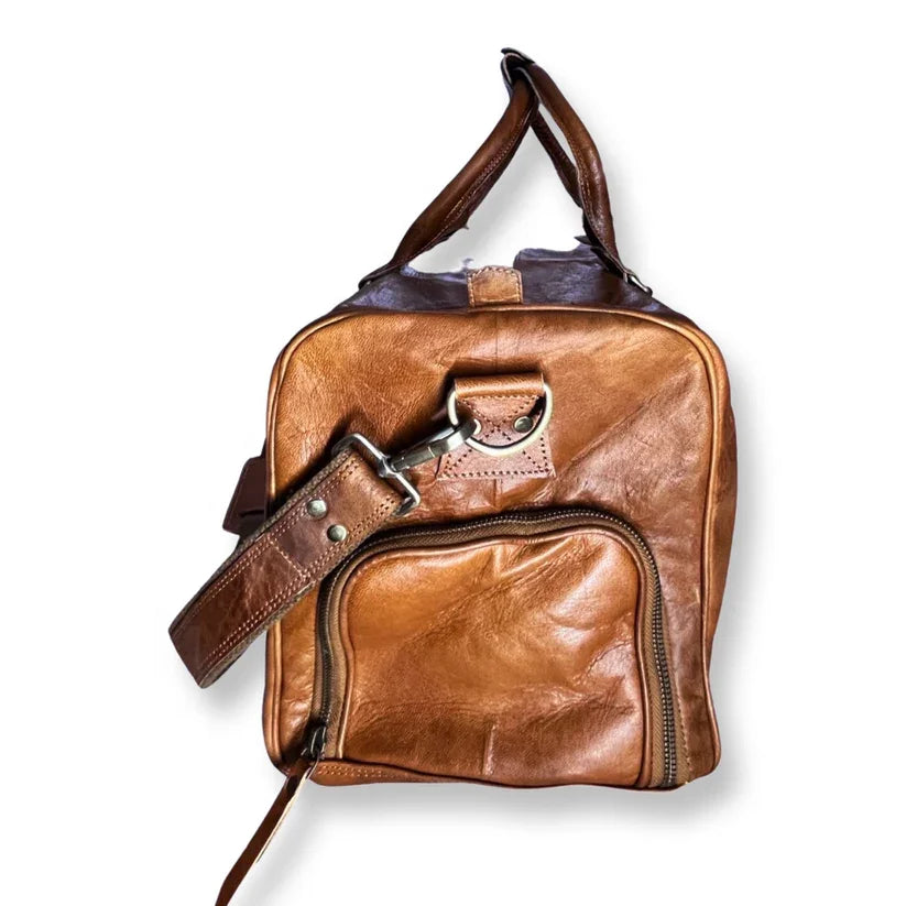 Customized Genuine Goat Leather Vintage Stylish Handcrafted Leather Duffle Travel Bag with Zipper Closer