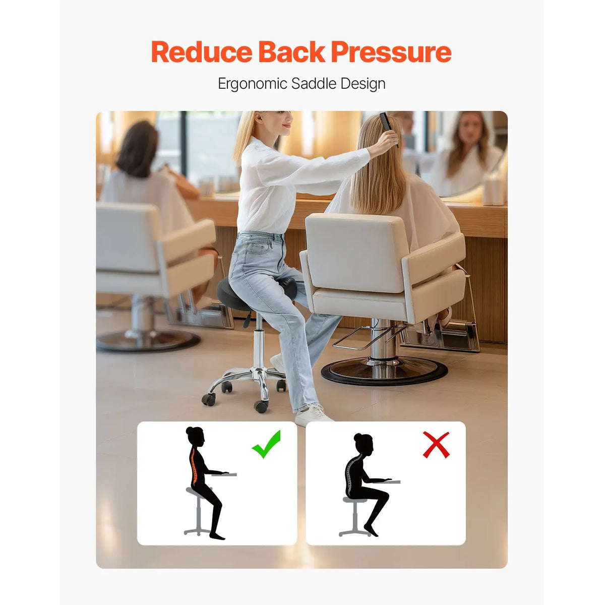 "Salon Furniture 450 LBS Weight Capacity Ergonomic Rolling Saddle Stool Height Adjustable Thickened PU Leather Swivel"