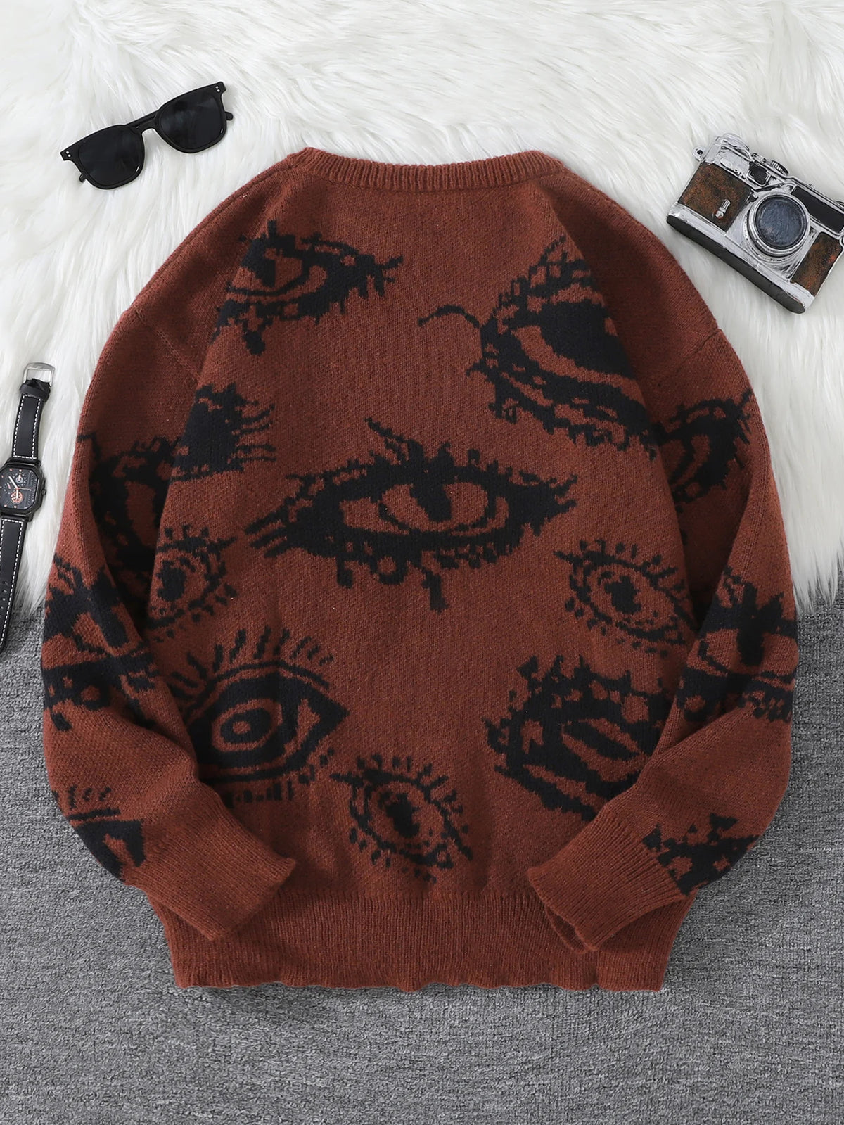 New Popular Autumn and Winter Abstract Eye Jacquard Pattern Pullover Sweater Casual Round Neck Knitted Men's Pullover