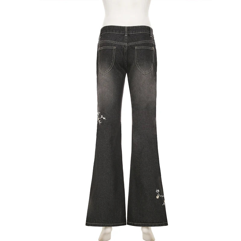 Weekeep Floral Embroidery Jeans Vintage 2000s Low Rise Flared Jeans Women Retro  Baggy Denim Pants High Street Basic Trousers