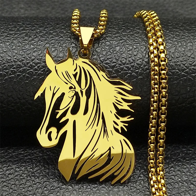 Hollow Horse Head Pendant Necklace for Women Men Stainless Steel Gold Silver Color Animal Chain Necklaces Gift Jewelry collar
