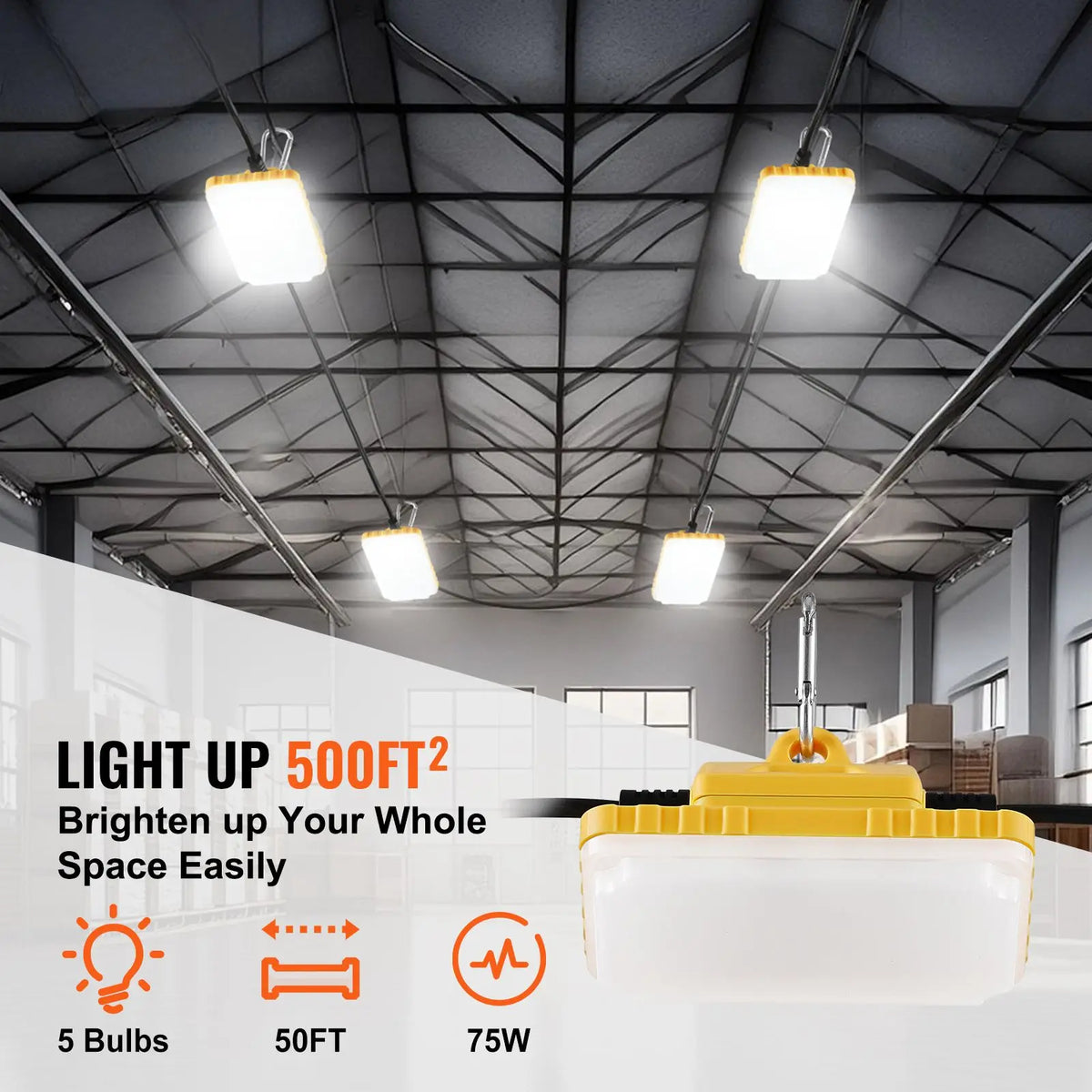 50FT Construction String Lights 75W 7500LM 5PCs Work Light 5000 5500K IP65 Waterproof Hanging Hooks ETL Certified UK Charger AC