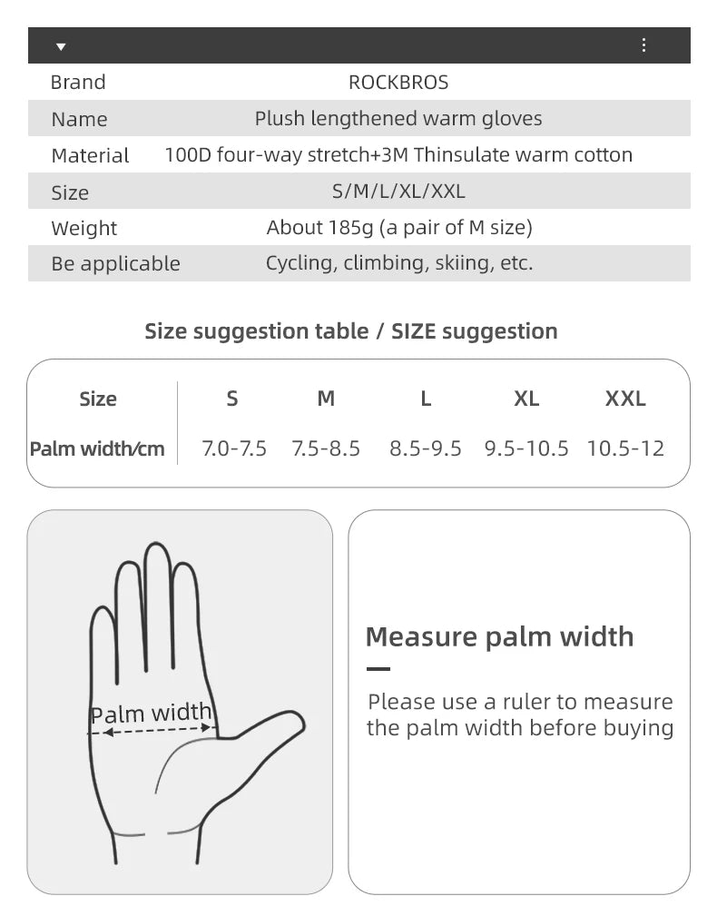 ROCKBROS Winter Ski Gloves Snowboard Gloves Snowmobile Motorcycle Riding Winter Gloves Windproof Waterproof Unisex Snow Gloves