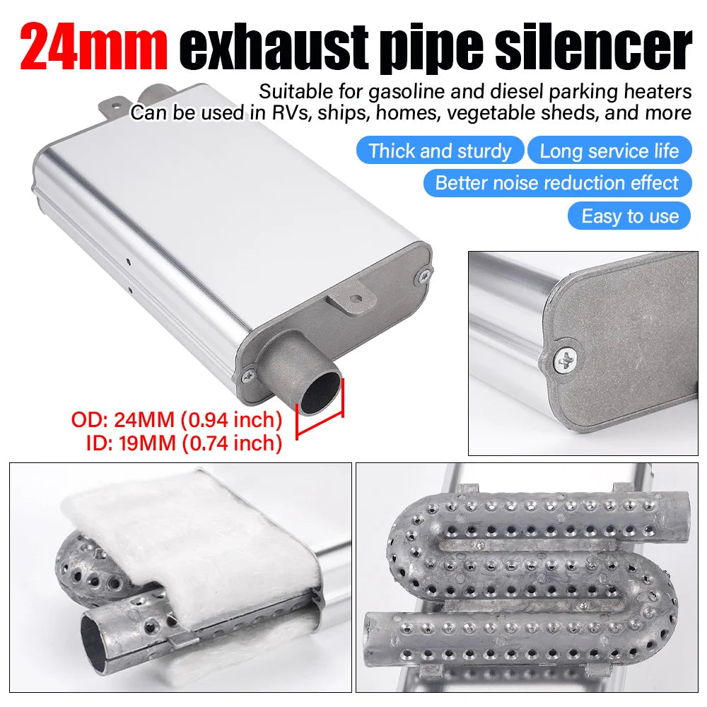 24mm Muffler Silencer S Curved Air Diesel Parking Heater Exhaust Pipe Aluminum Alloy Small Medium Large for Weibost Eberspach