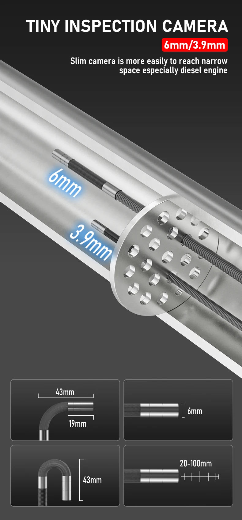 5Inch Borescope, Two-Way Rotary 360° Industrial 3.9mm Camera for Automotive Repair, Plumbing Inspection