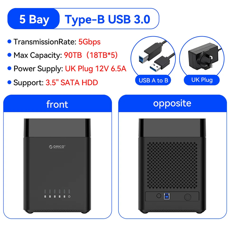 ORICO 5 Bay 3.5" SATA Hard Drive Enclosure HDD Docking Station USB 3.0 Type C External HD Case 90TB Storage Expansion 12V/6.5A
