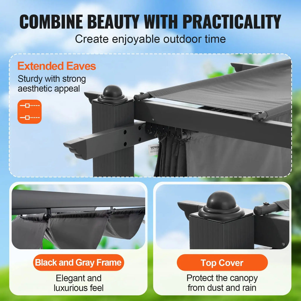 10FT X 10FT Modern Outdoor Retractable Pergola with Aluminum Canopy Sun Shade for Courtyard