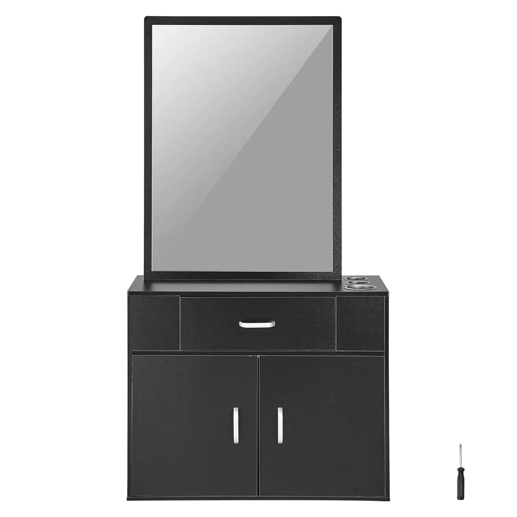 Wall Hanging Salon Organizer for Hairdressers Durable 3-Holders Mirror with Dual Door Storage and Single Drawer for Mall Use