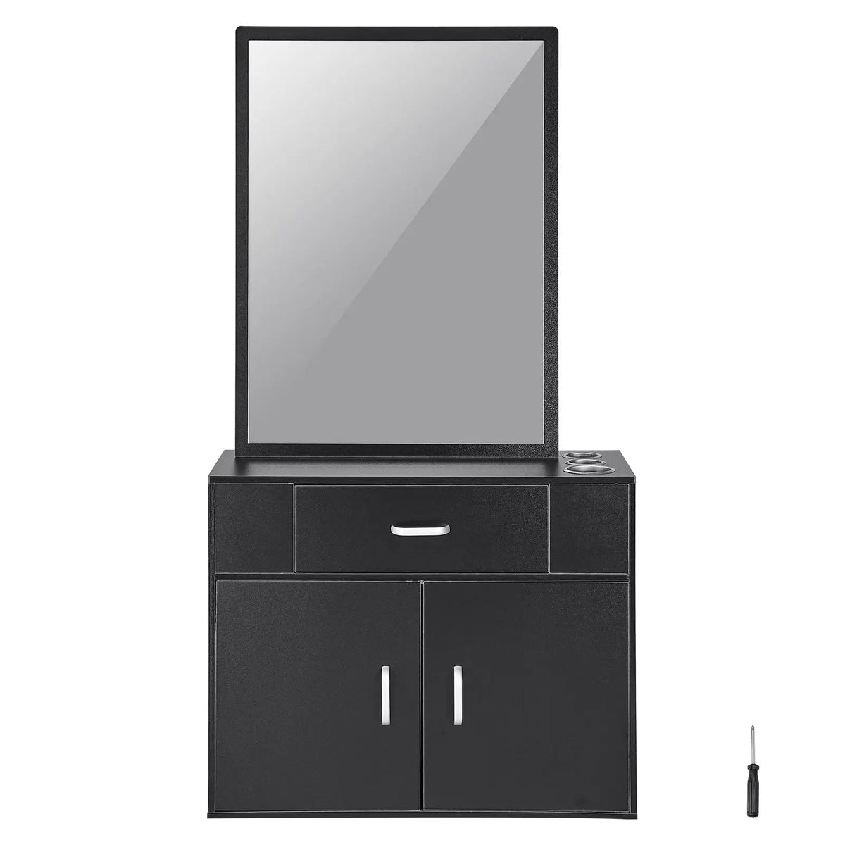 Wall Hanging Salon Organizer for Hairdressers Durable 3-Holders Mirror with Dual Door Storage and Single Drawer for Mall Use