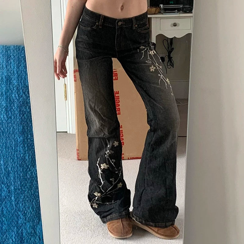 Weekeep Floral Embroidery Jeans Vintage 2000s Low Rise Flared Jeans Women Retro  Baggy Denim Pants High Street Basic Trousers
