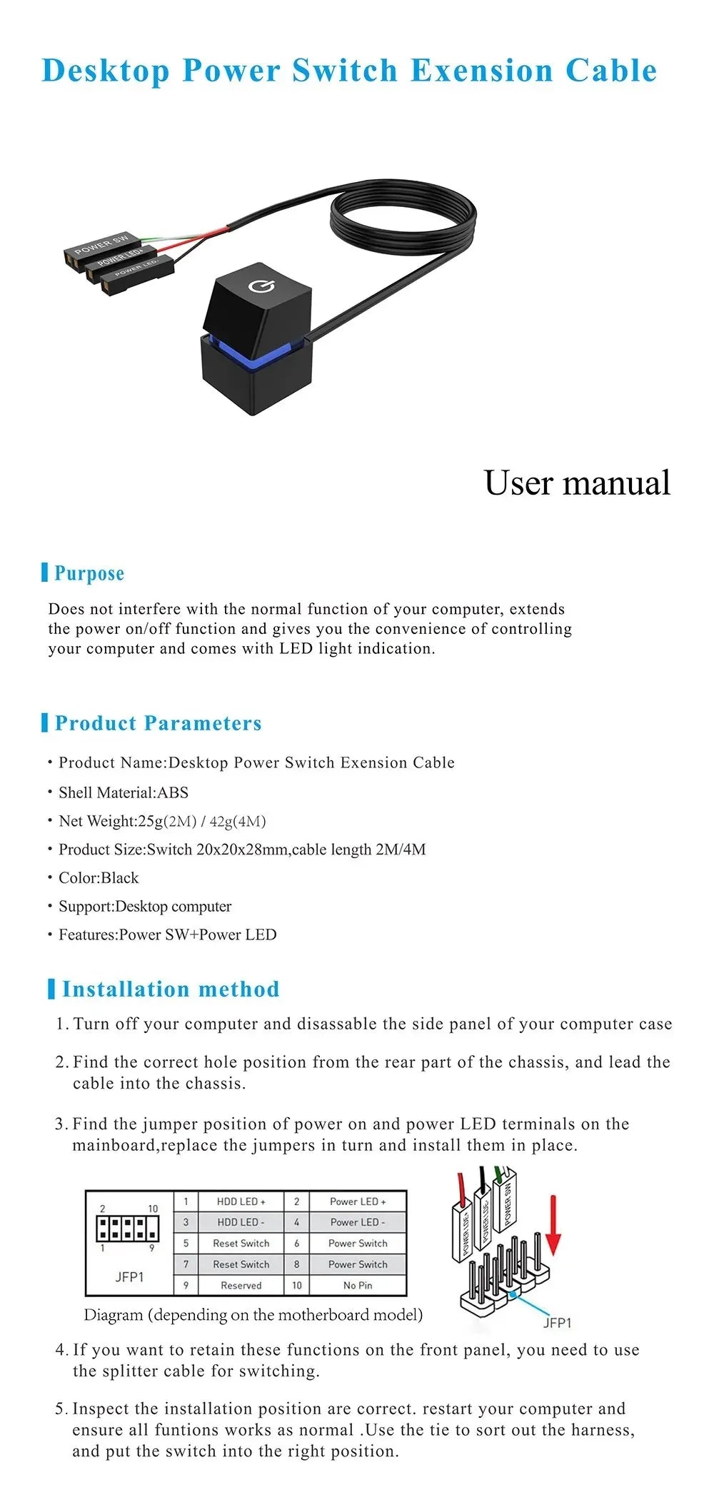 TEUCER Desktop Switch 2m Colorful LED Lights PC Motherboard External Start Power On/Off Button Extension Cable for Office Home