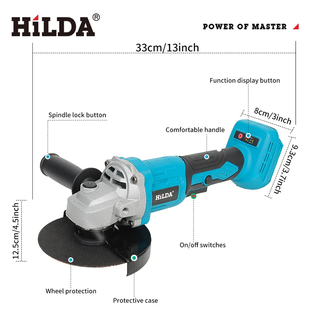 HILDA 21V Handheld Brushless Angle Grinder Cutting Rechargeable Electric Power Tool Polishing Machine Grinder for Makita Battery