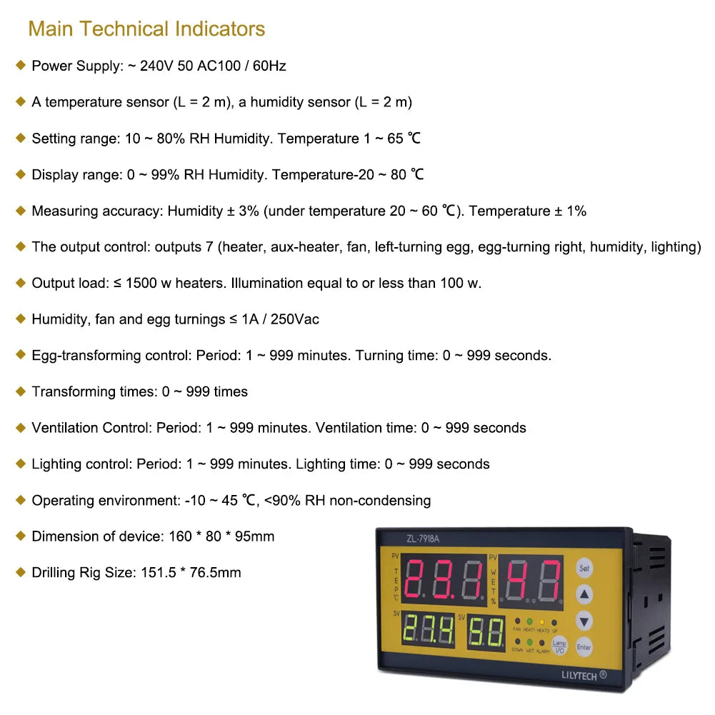 Yieryi Digital Automatic Incubator Controller ZL-7918A AC100~240V Temperature and Humidity Controller Poultry Egg Incubator