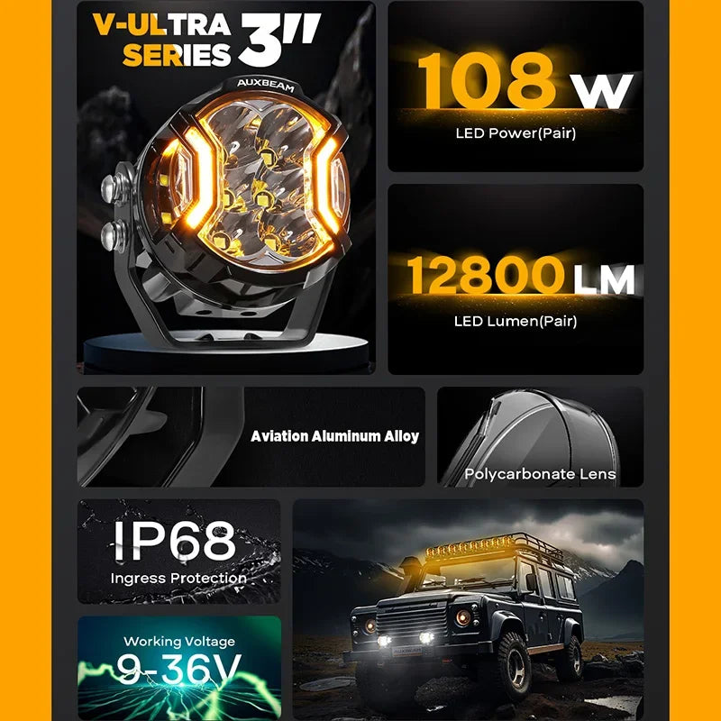 AUXBEAM 3 Inch 108W LED Side Shooter White Pod Lights with Amber DRL LED Driving Light for ATV UTV SUV Off Road