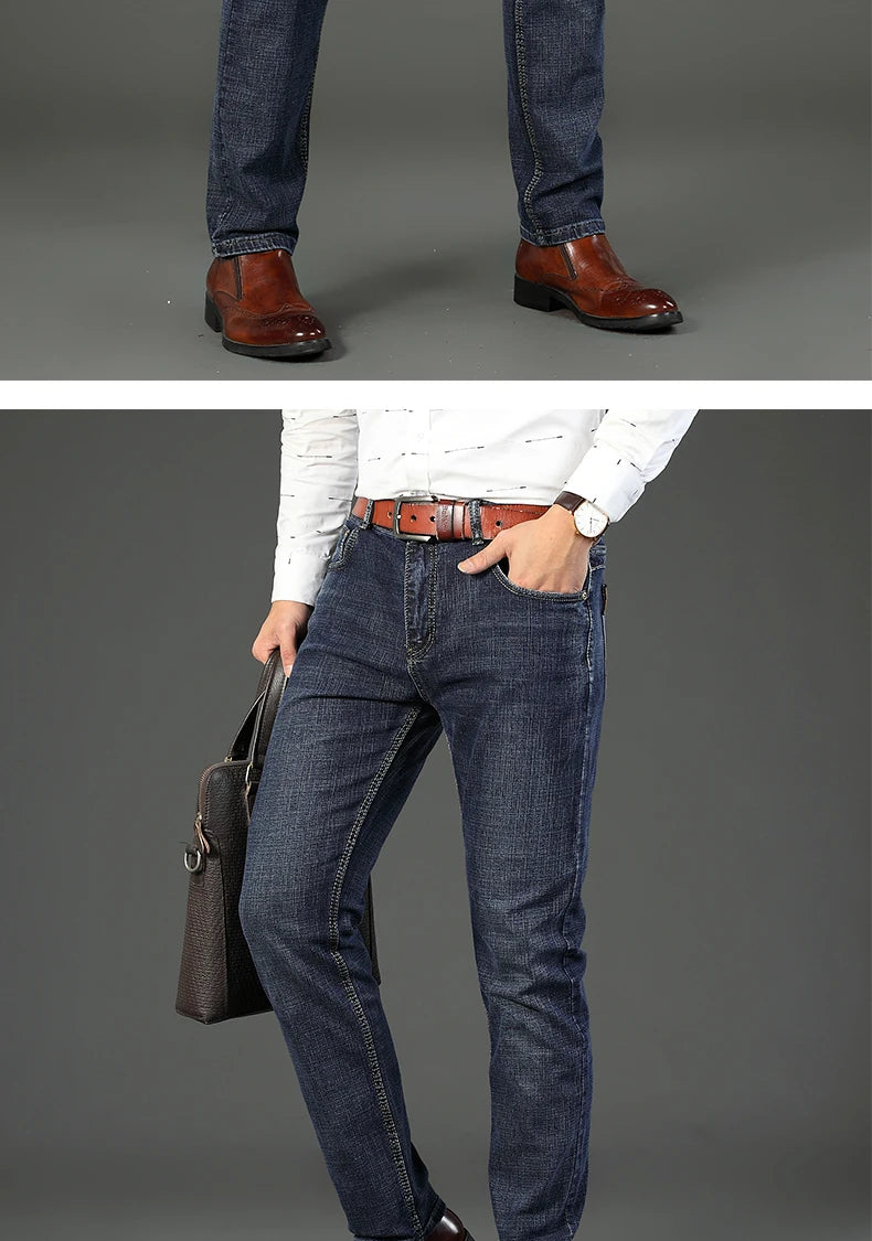 2026 New Spring Autumn Men Classic Jeans Business Fashion Straight Regular Blue Stretch Denim Trousers Men's Smart Jeans